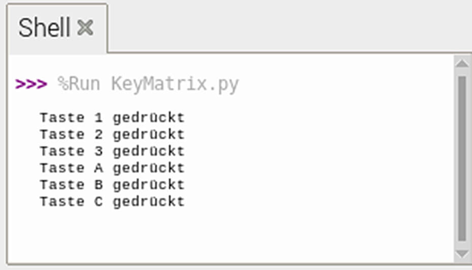 Bild 9: Testausgabe der Folientastatur am Raspberry Pi