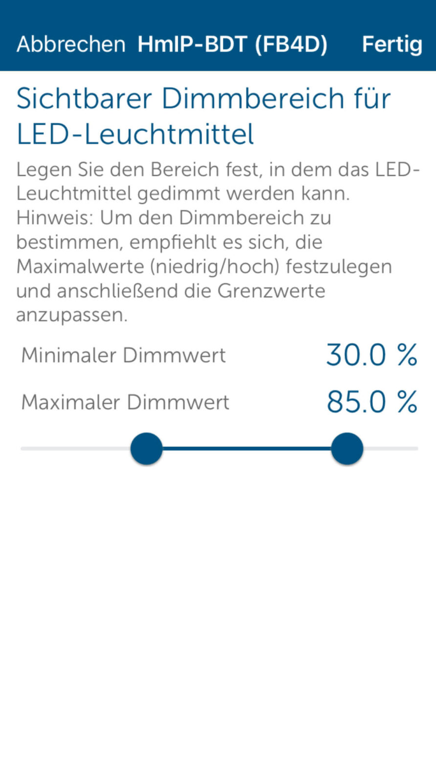 Bild 9: Anpassung des Dimmbereichs in der Homematic IP App