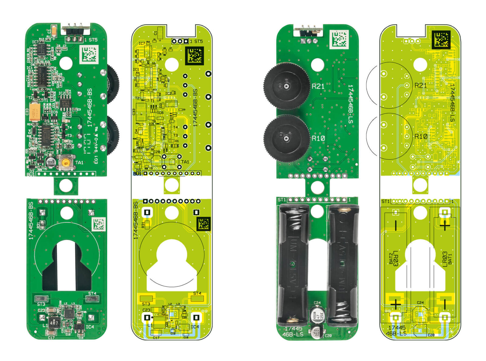 Bild 10: Die Platinenfotos des FMD1 mit den dazugehörigen Bestückungsdrucken, oben von der Bestückungsseite, unten von der Lötseite