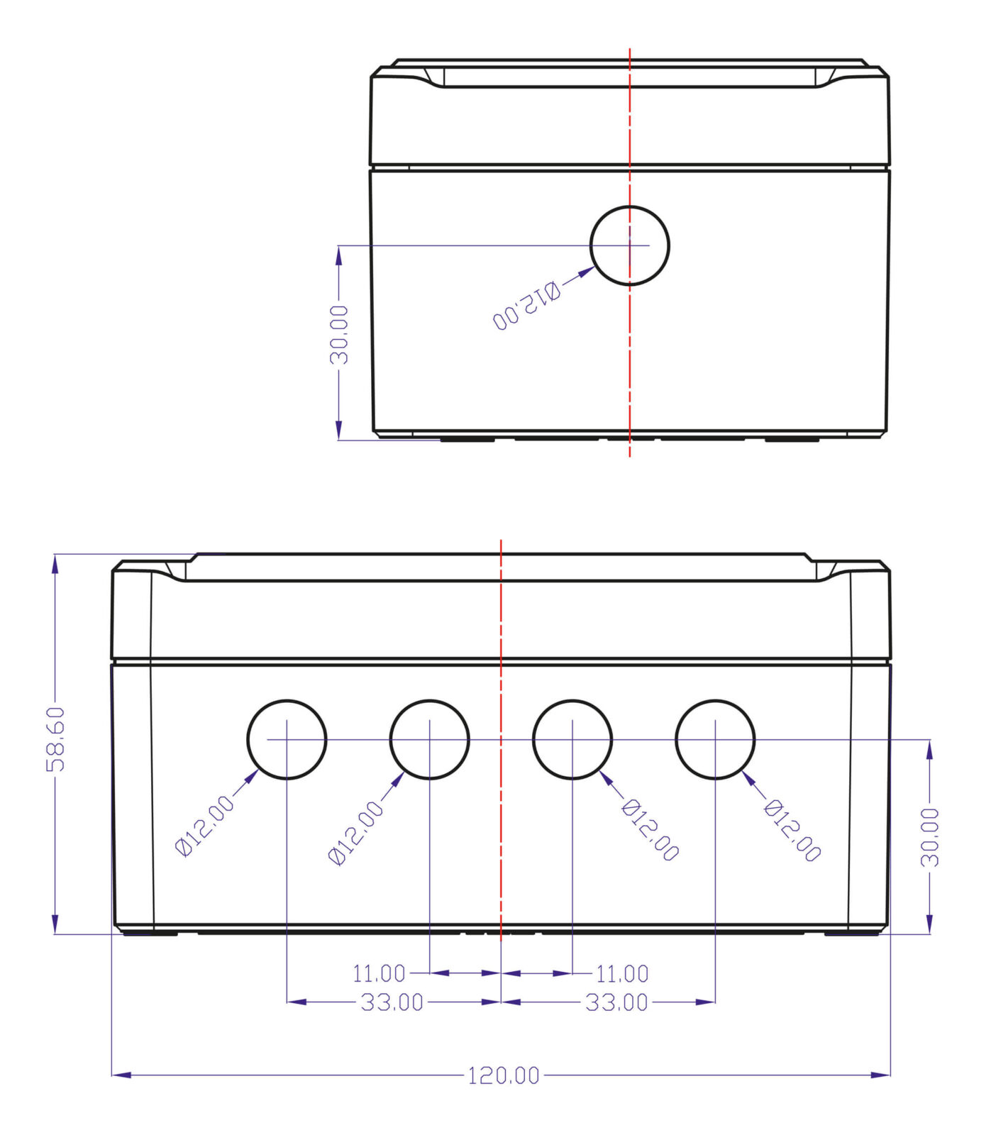 Bild 10: Maßzeichnung für die Bohrungen im Bopla-Gehäuse ET 215-F