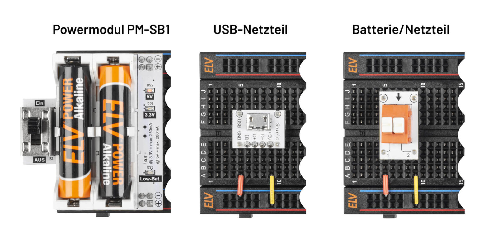 Bild 10: Unterschiedliche Varianten der Spannungsversorgung: mittels Powermodul PM-SB1, per 5-V-USB-Steckernetzteil oder einer Klemmleiste zum Anschluss an ein Labornetzteil oder eine Batterie