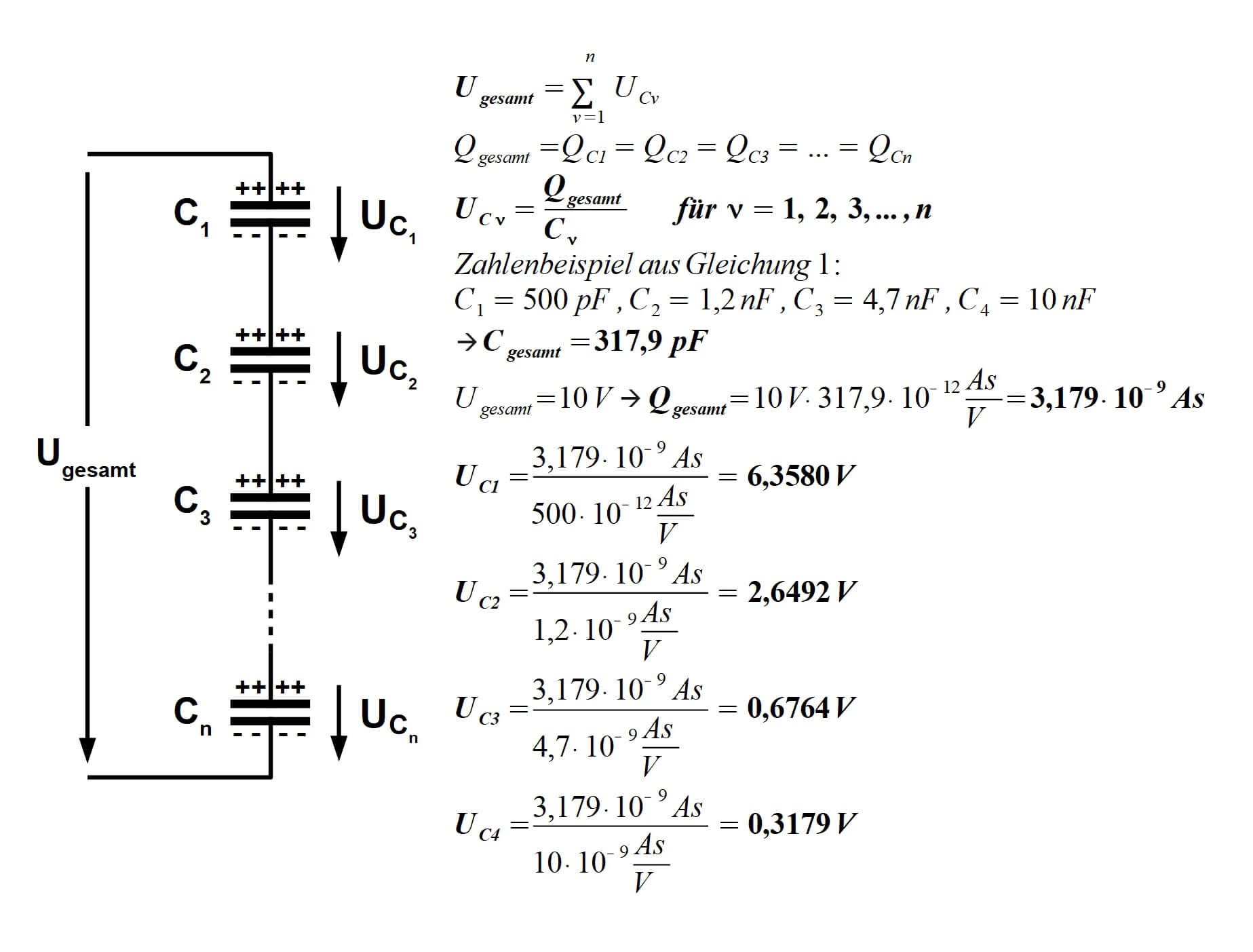 Bild 10: Legt man eine Spannung an die Reihenschaltung von Kondensatoren an, fallen an den Einzelkondensatoren Bruchteile dieser Spannung ab, die umgekehrt proportional zu deren Kapazität sind.