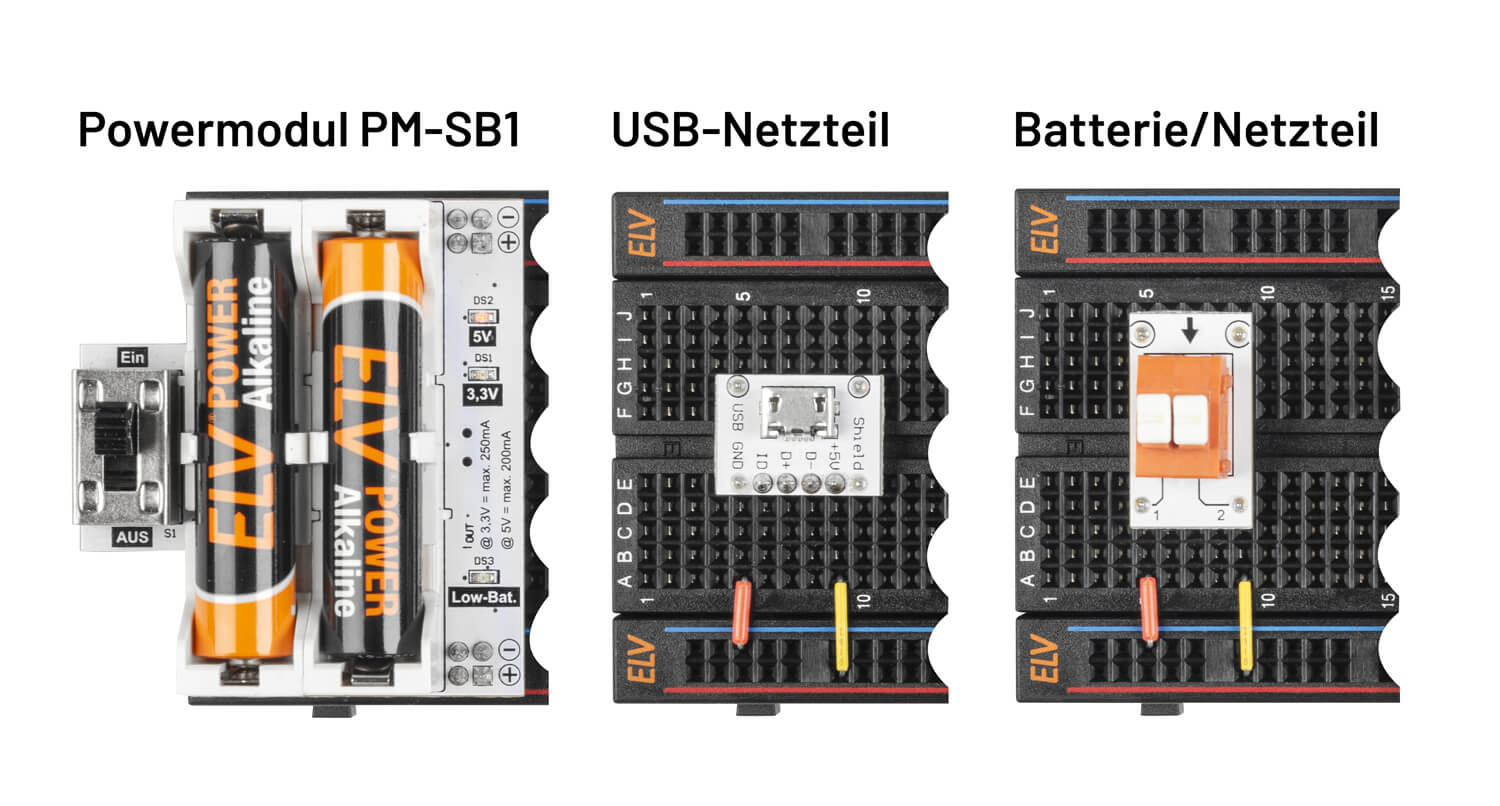 Bild 11: Unterschiedliche Varianten der Spannungsversorgung: mittels Powermodul PM-SB1, per 5-V-USB-Steckernetzteil oder einer Klemmleiste zum Anschluss an ein Labornetzteil oder eine Batterie