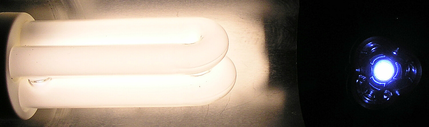 Bild 11: Obwohl die Leuchtdiode nur ein Prozent der Lichtstärke einer Glühlampe hat, erscheint sie uns heller als eine Energiesparlampe.