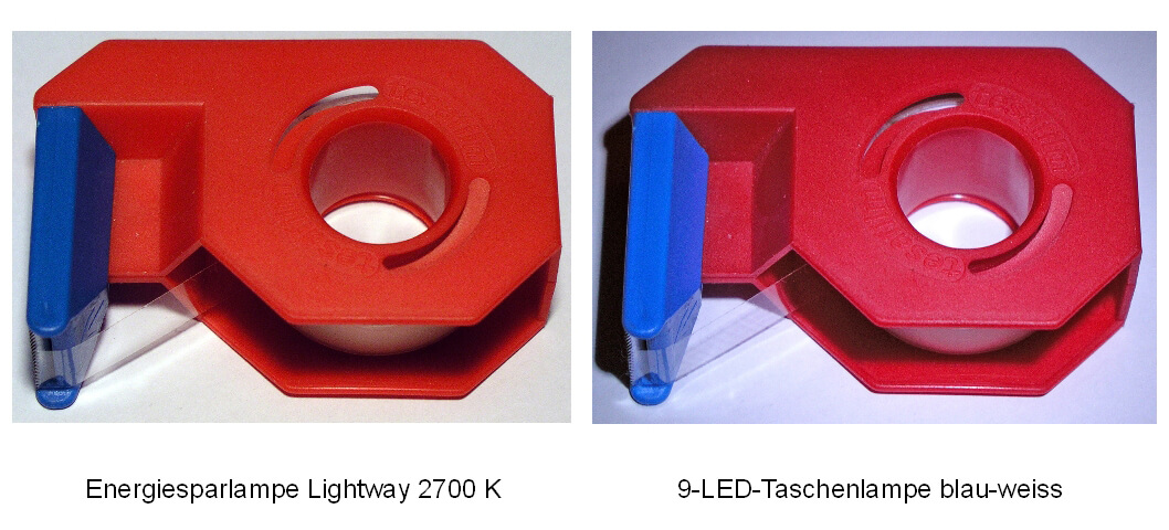 Bild 12: Unter dem Licht der Schreibtischlampe mit ausgeprägtem Rotanteil erscheint das Blau des Tesa-Rollers weniger leuchtend (links) als bei Beleuchtung mit kalt-blauem LED-Licht einer Taschenlampe (rechts). Für Rot gilt das Umgekehrte.