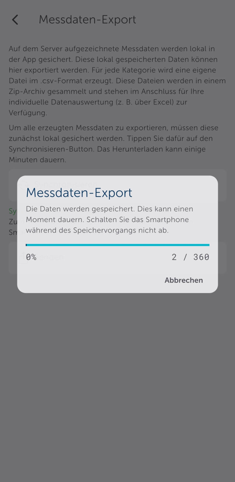 Homematic IP App Screen - Messdaten-Export - Ladebalken