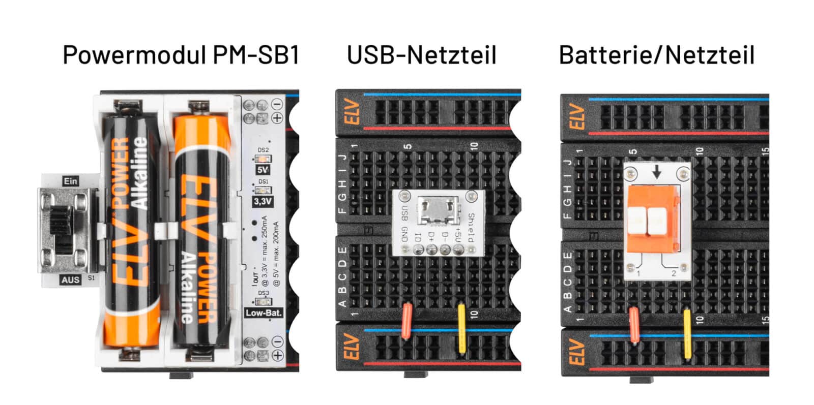 Bild 12: Unterschiedliche Varianten der Spannungsversorgung: mittels Powermodul PM-SB1, per 5-V-USB-Steckernetzteil oder einer Klemmleiste zum Anschluss an ein Labornetzteil oder eine Batterie.