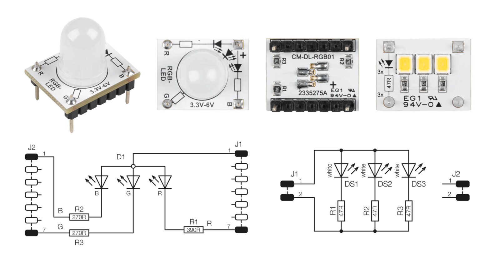 Bild 12: Fotos und Schaltbild der Platine CM-DL-RGB01 mit der RGB-LED und dem LED-Cluster (CM-DL-W01)