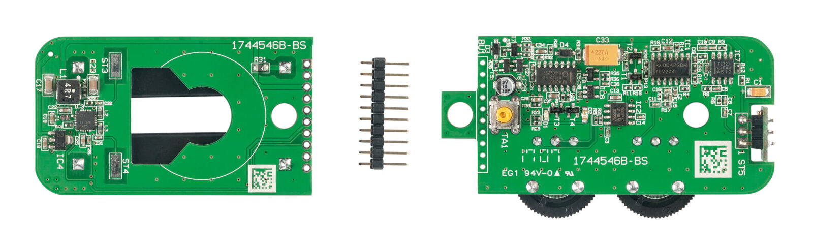 Bild 13: Die beiden fertig bestückten Platinen und die 10-polige Stiftleiste