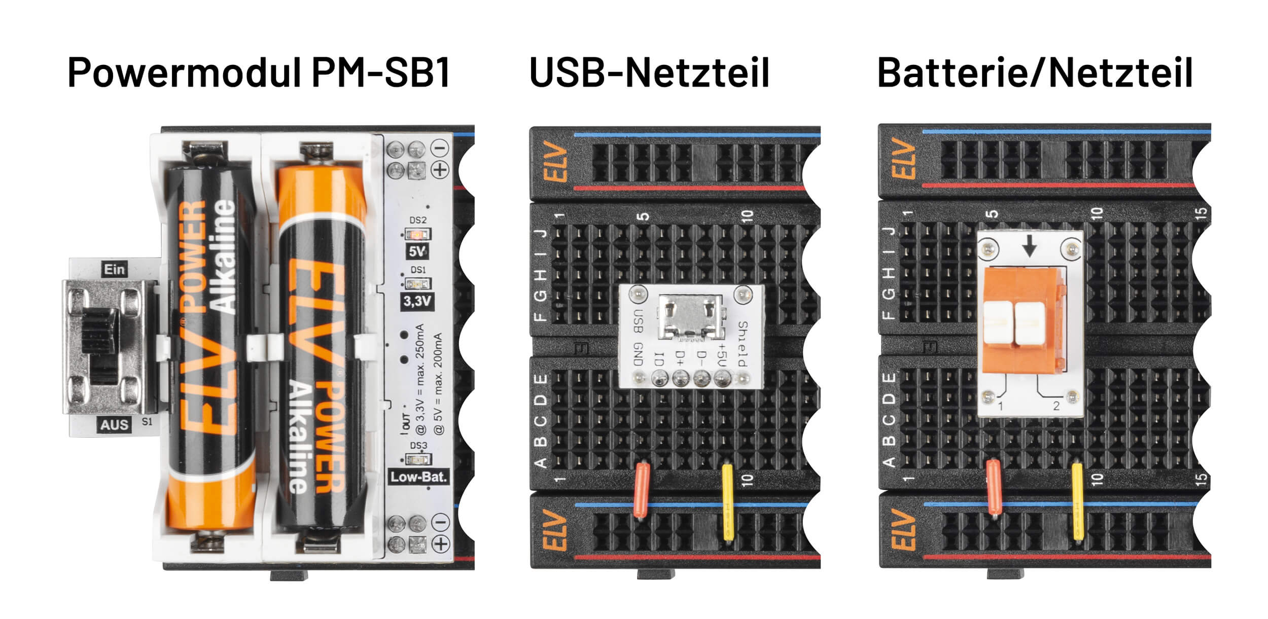 Bild 14: Unterschiedliche Varianten der Spannungsversorgung: mittels Powermodul PM-SB1, per 5-V-USB-Steckernetzteil oder einer Klemmleiste zum Anschluss an ein Labornetzteil oder eine Batterie