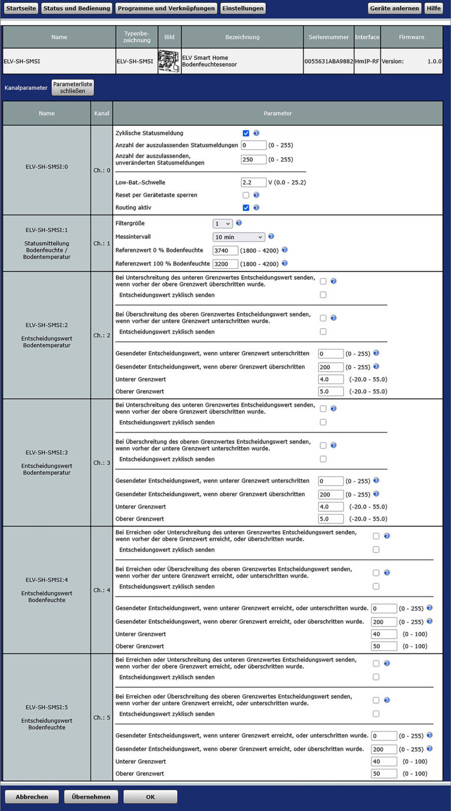 Bild 14: Konfigurationsparameter des Bodenfeuchte Interface