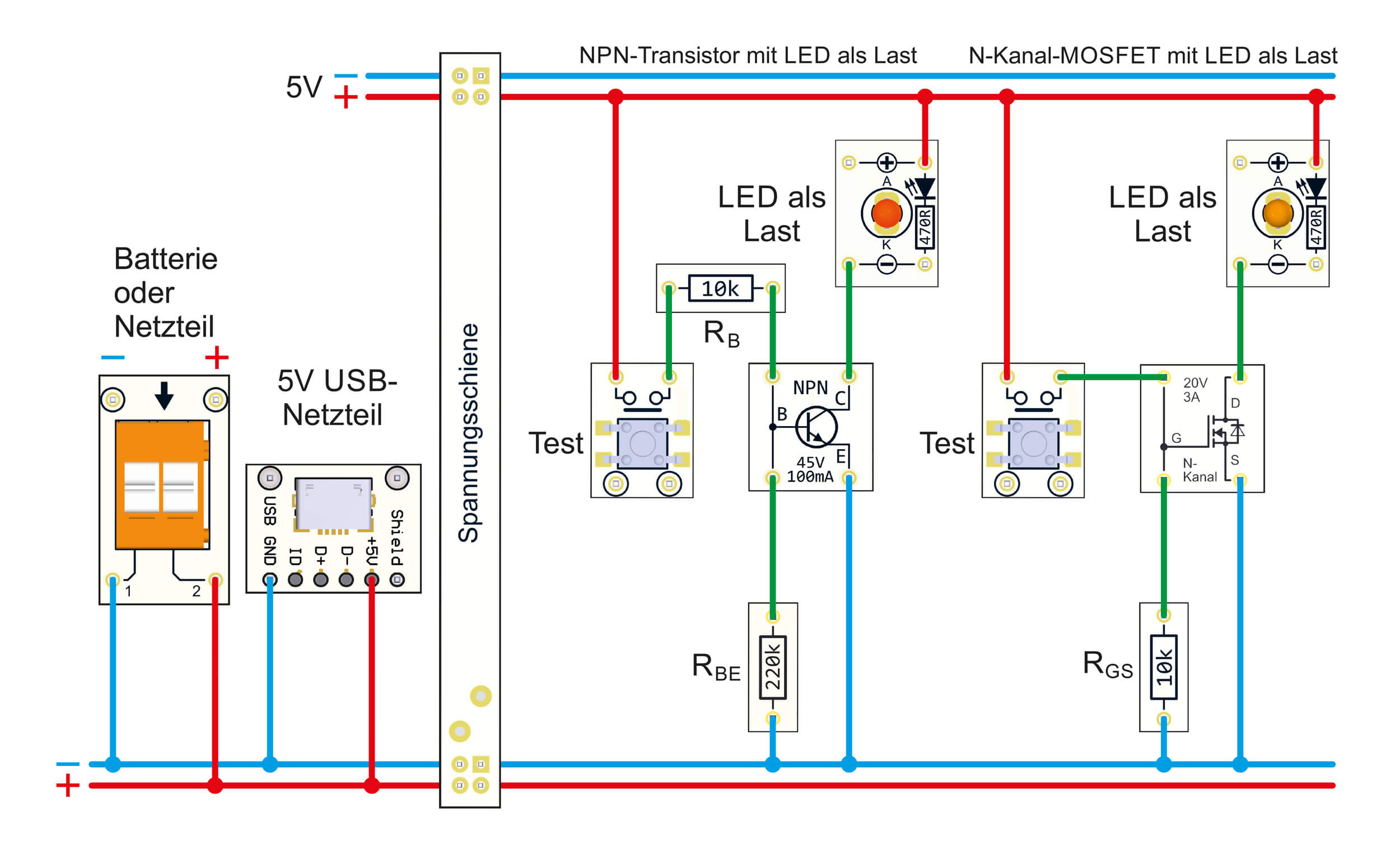 Bild 15: Anschlussplan für die Transistorgrundschaltungen