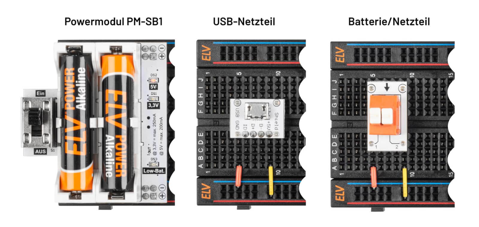 Bild 17: Unterschiedliche Varianten der Spannungsversorgung: mittels Powermodul PM-SB1, per 5-V-USB-Steckernetzteil oder einer Klemmleiste zum Anschluss an ein Labornetzteil oder eine Batterie