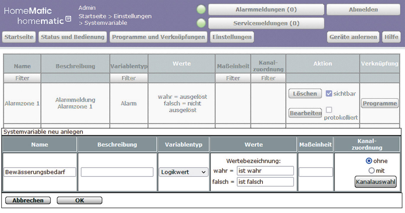Bild 20: Anlegen der Systemvariablen