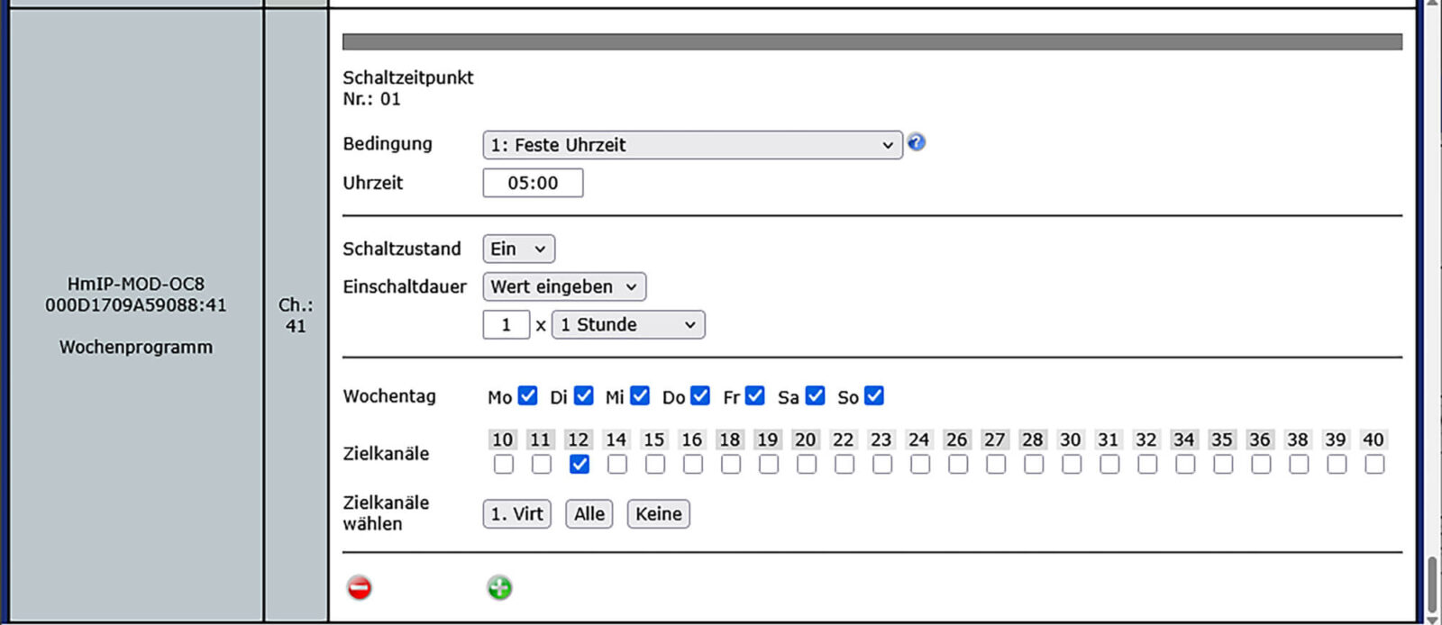Bild 21: Wochenprogramm für das tägliche Bewässern über Kanal 12 des Aktors