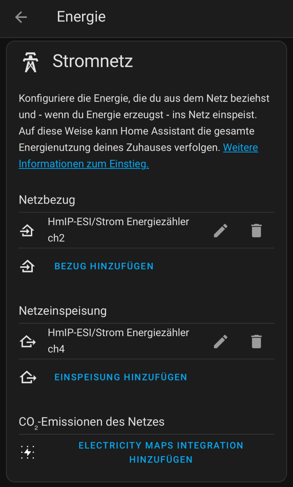 Screenshot "Stromnetz" mit den Bereichen "Netzbezug", "Netzeinspeisung" und "CO2-Emissionen des Netzes"