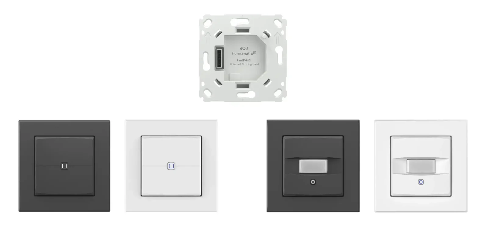 Produktübersicht eines Homematic IP Universal-Dimmaktors mit Unterputzeinsatz sowie vier Dimmeraufätzen in Weiß und Anthrazit. Dargestellt sind eine Standardwippe und ein Aufsatz für den Bewegungsmelder, jeweils in zwei Farbvarianten.