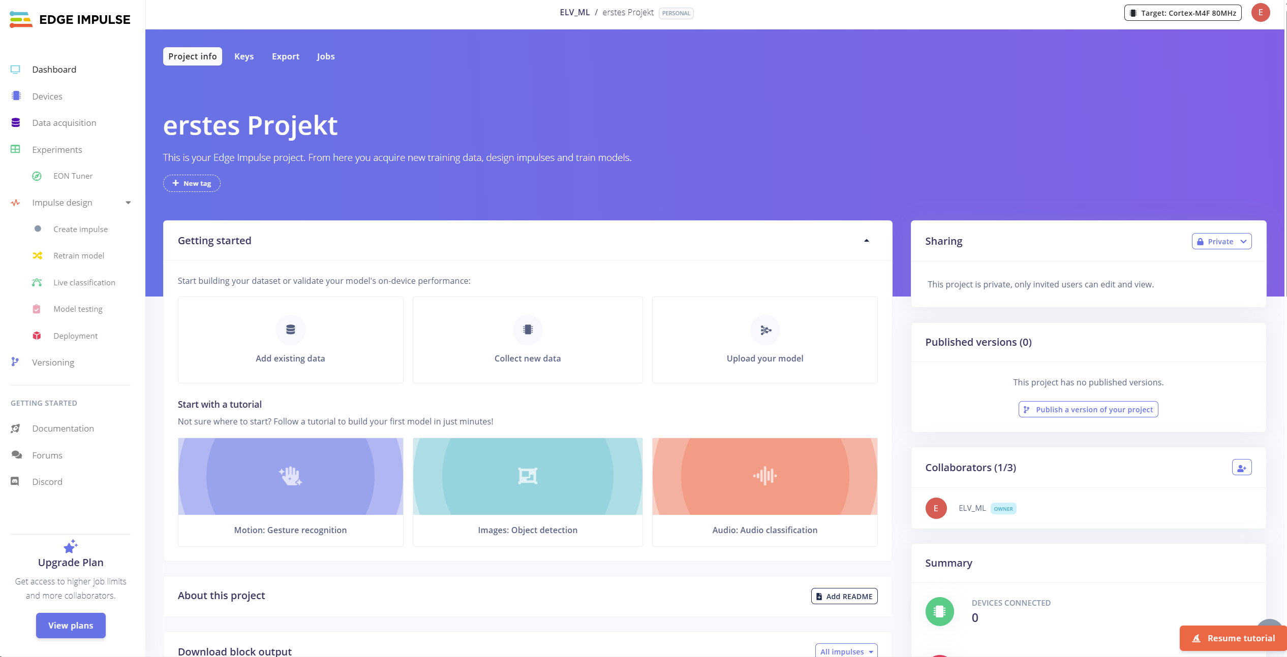 Bild 1: Dashboard Ansicht eines neuen Projektes