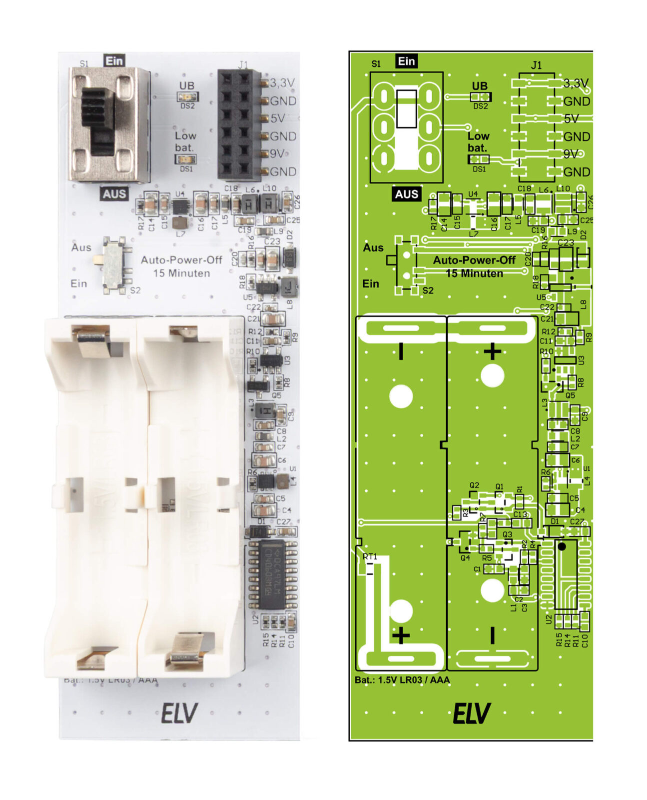 Die Platine des EXSB-Midi von der Vorderseite gesehen mit dem dazugehörigen Bestückungsdruck