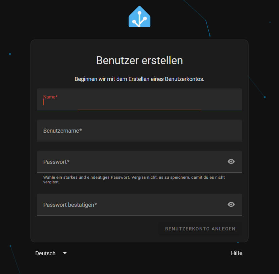 1. Klicken Sie auf „Mein Smart Home erstellen”. Legen Sie einen Benutzer an, indem Sie einen Benutzernamen und ein Passwort vergeben. Fahren Sie mit „Benutzerkonto anlegen" fort.