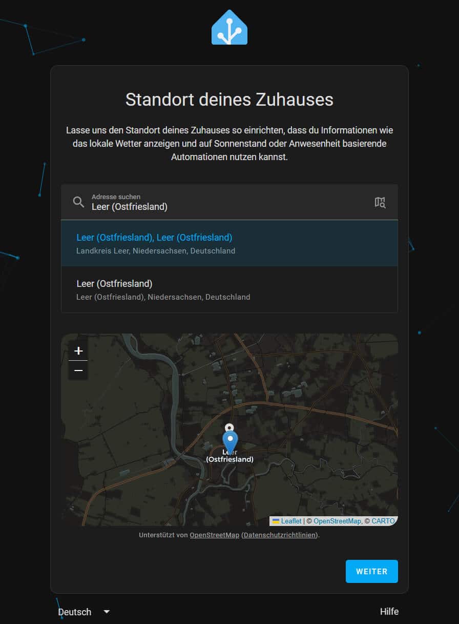 2. Wählen Sie einen Standort, dieser wird z. B. für Wetterdaten oder bei der Verwendung von Zonen benötigt.