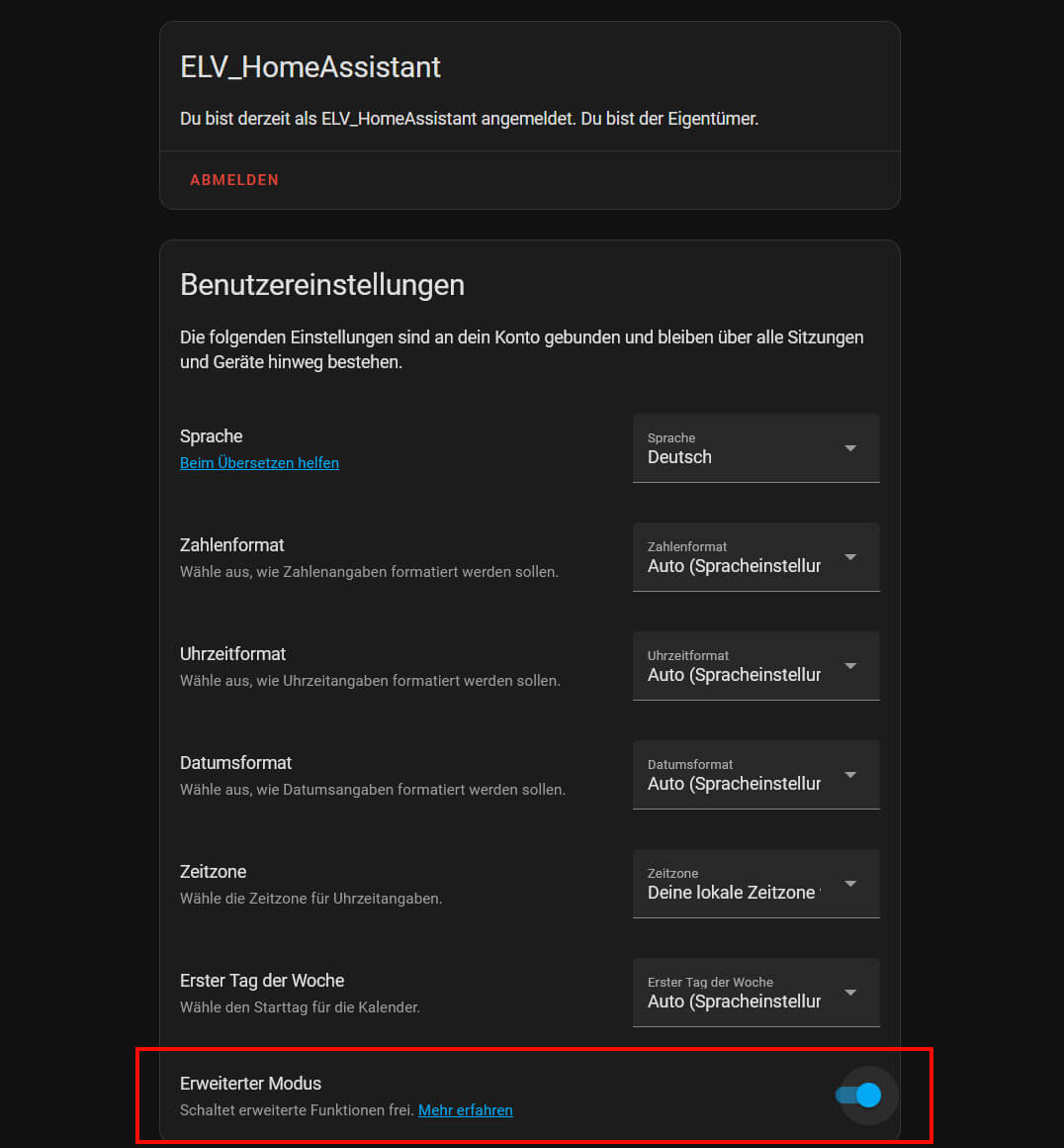 1. Gehen Sie links im Hauptmenü auf das Nutzerprofil und aktivieren Sie im nächsten Fenster den Punkt „Erweiterter Modus"