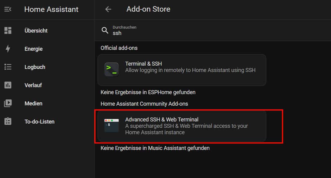 3. Geben Sie in das obere Suchfeld „ssh" ein und wählen Sie anschließend das Add-on „Advanced SSH & Web Terminal".
Wir nutzen hier ausschließlich das Terminal und nicht den SSH-Zugriff!