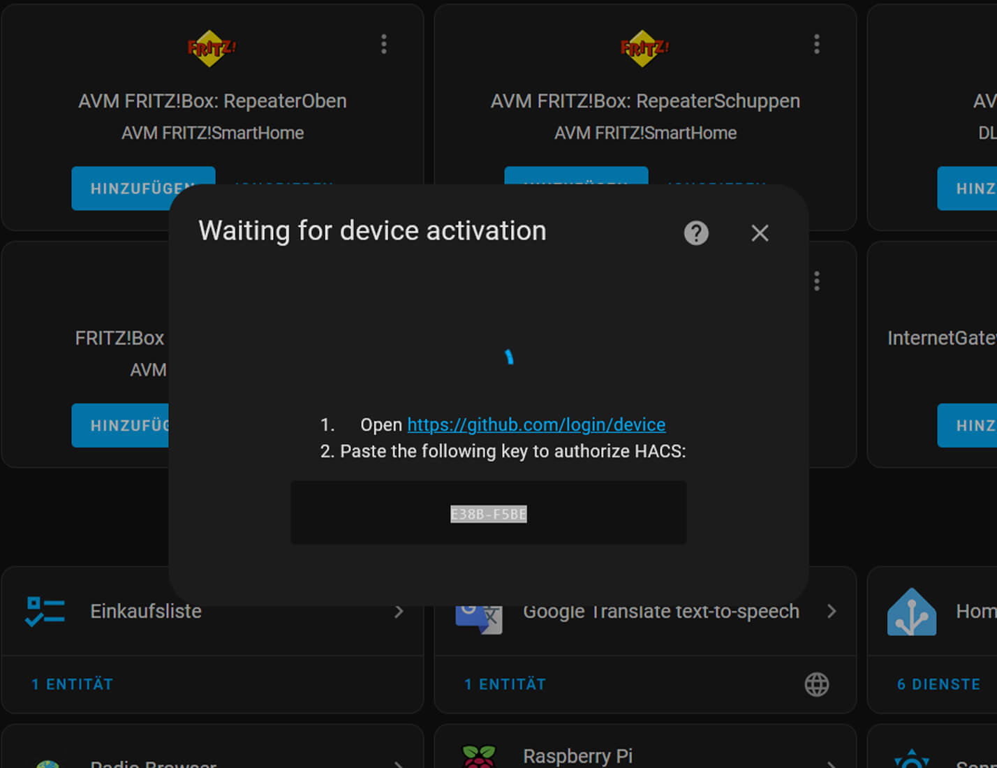 12. Im folgenden Dialog koppeln Sie das HACS-Gerät mit dem zuvor erstellten GitHub-Konto.
Kopieren Sie den angezeigten Code und klicken Sie anschließend auf den gezeigten Link.
Melden Sie sich bei GitHub an.
Geben Sie den Code in die Abfrage ein und bestätigen Sie diesen mit „Continue".
Nun erfolgt eine Autorisierung von HACS für Ihren Account und die Einrichtung ist abgeschlossen.
GitHub ist nun die Quelle für die Community-Integrationen, die wir von HACS verwenden wollen.
