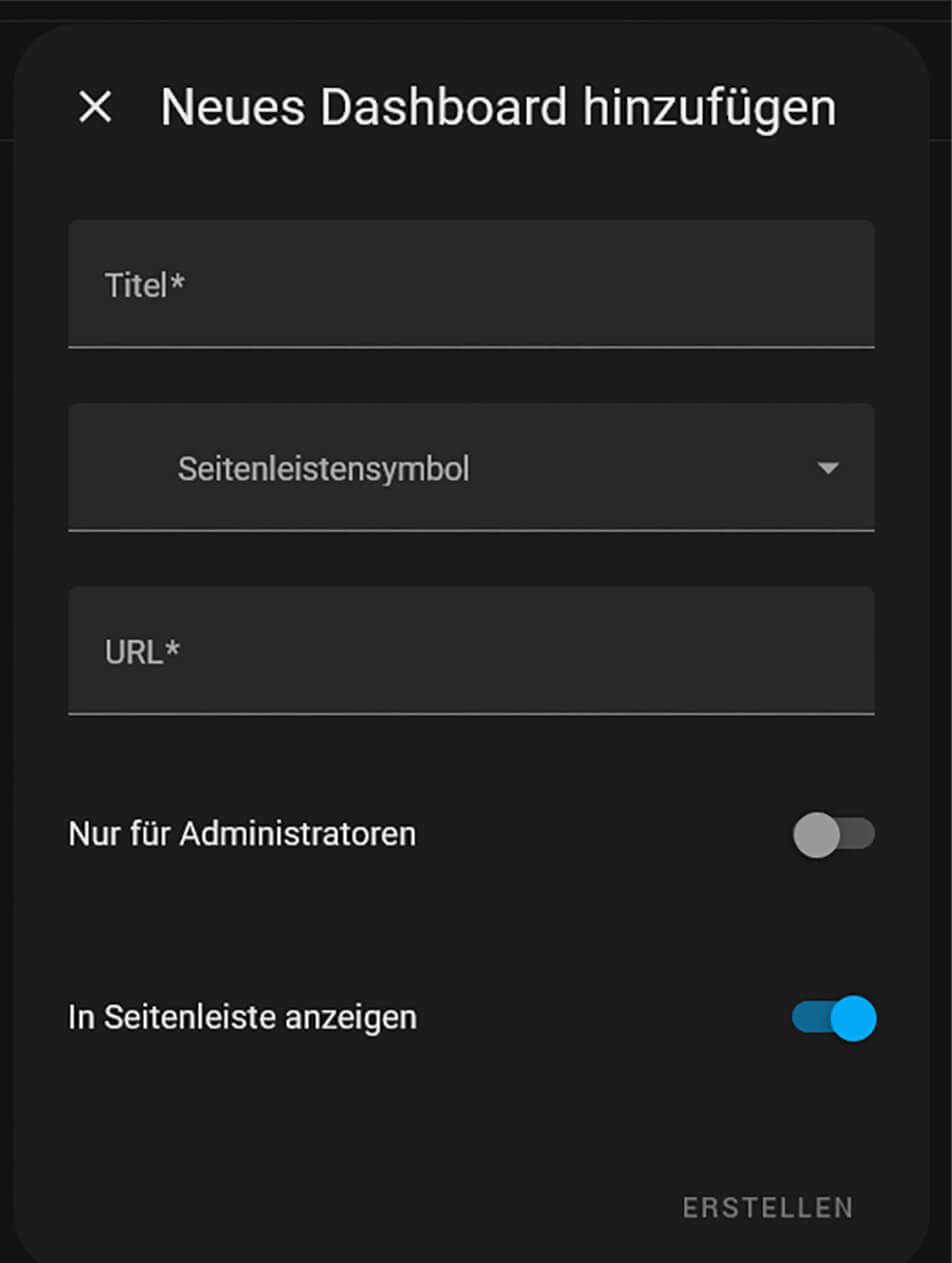 2. Klicken Sie auf „Dashboard erstellen" → „Neues Dashboard von Grund auf" und vergeben Sie einen Titel. Wählen Sie ggf. ein Symbol. Dieses wird dann zusätzlich im Leistenmenü (links) angezeigt. Wechseln Sie nach dem Erstellen auf die neue Ansicht.