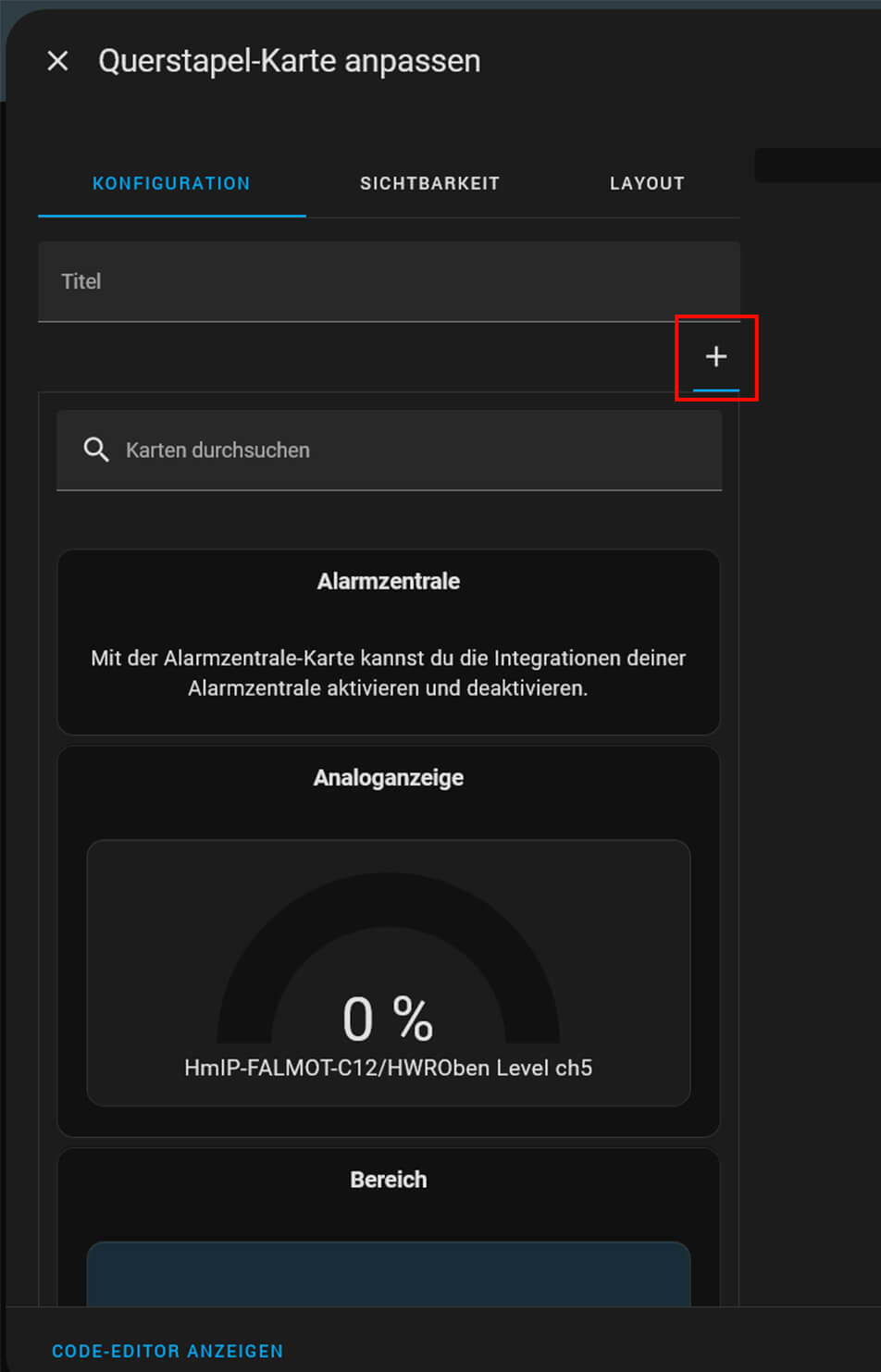 8. Zurück in der Ansicht: Klicken Sie auf das „+". Eine Auswahl der möglichen Karten wird angezeigt. Hier fügen Sie als Erstes einen „Querstapel" hinzu. Diese Stapelkarte nimmt dann wiederum weitere Karten auf, die immer nebeneinander dargestellt werden. Über das kleine „+" können Sie weitere Karten in den Stapel einbringen.
Wir fügen nun nacheinander Aktoren ein, die am Ende Lichter schalten sollen (über die Knopf-Karte).